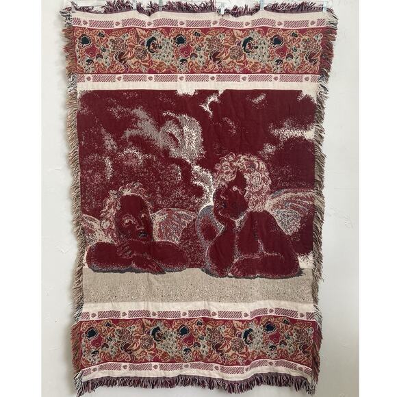 Vintage Cherub Thick Tapestry Throw Blanket Fringe Baby Angel American Weavers - Picture 2 of 9